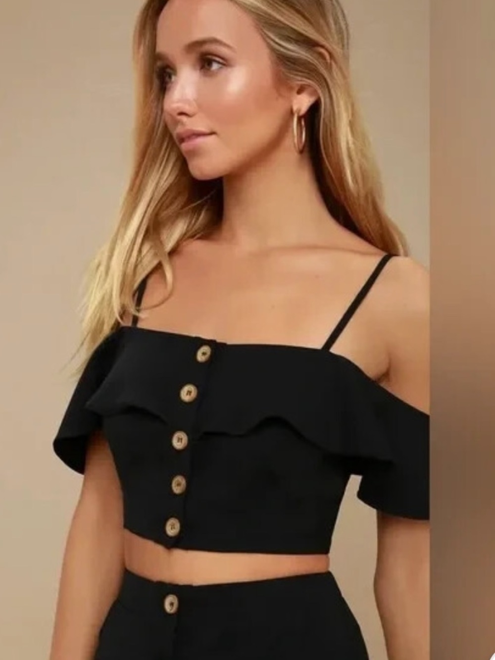 NWT Lulu's Black Off-Shoulder Ruffle Button Crop Camisole Top